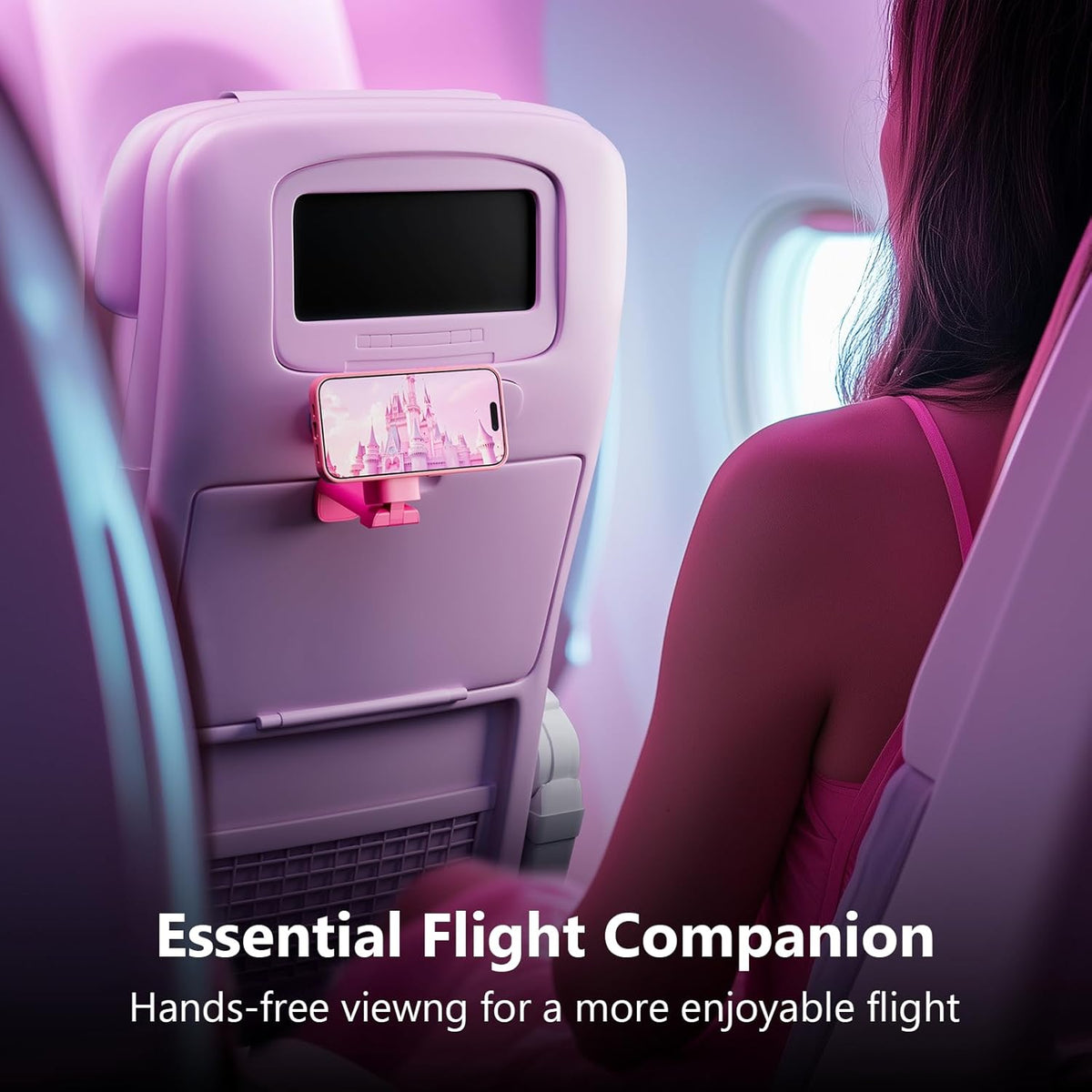 MiiKARE Travel Essentials Magnetic Airplane Phone Holder, Universal Handsfree Phone Mount for Flying with 360 Degree Rotation, Travel Must Haves Phone Stand for Desk, Tray Table, BarbiePink