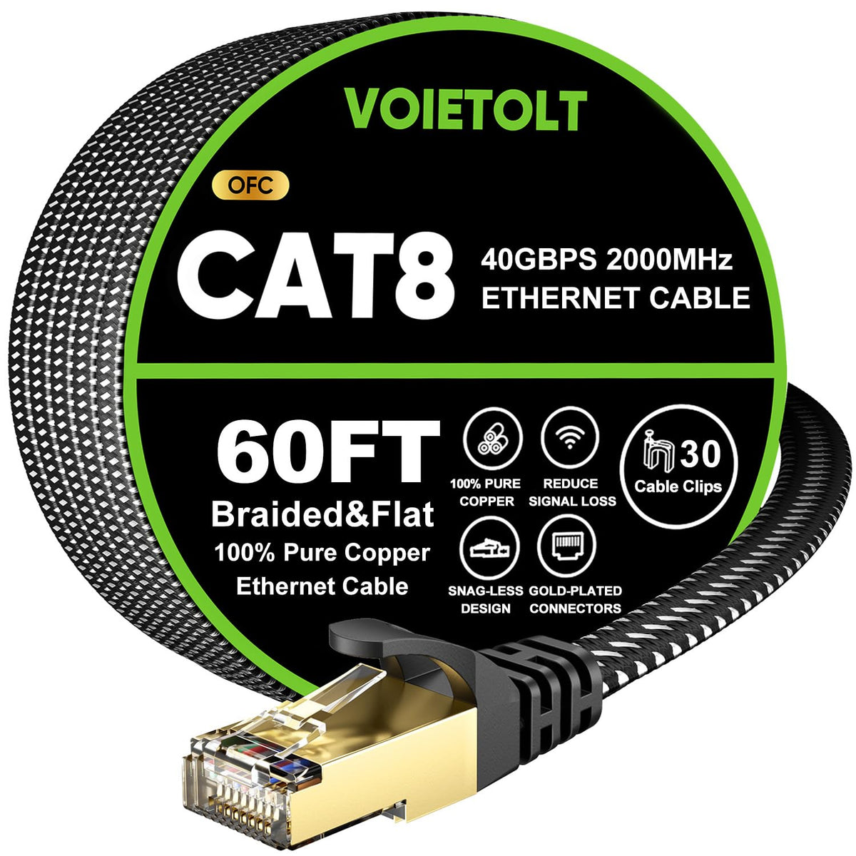 8 60 40Gbps 2000Mhz RJ45 PS4/5, Cat Ethernet Cable FT Flat, High Speed Braided Internet Cable with Gold Plated Network