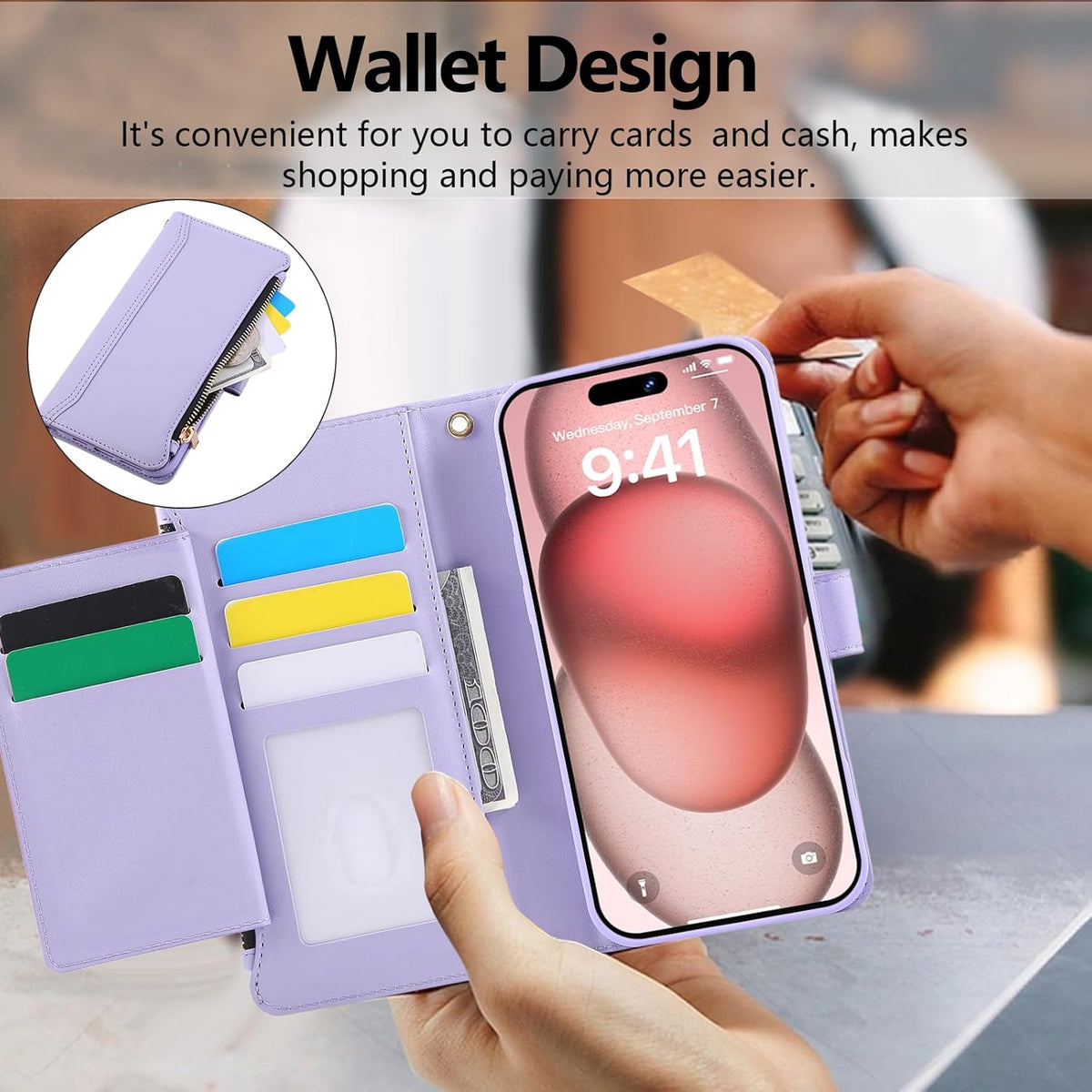 Compatible with iPhone 15 Pro Max Wallet Phone Case-PU Leather Magnetic Flip Cover with Credit Card Slots,Zipper Pocket & Detachable Wrist Strap,Shockproof Design,for Women and Men-Purple