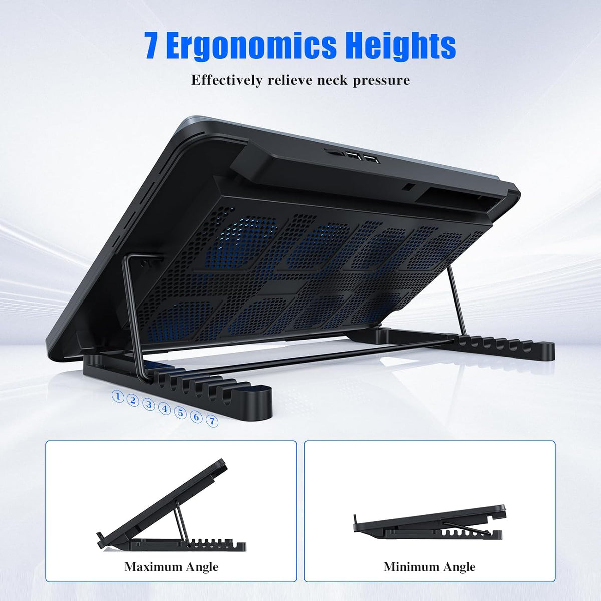 LIANGSTAR Laptop Cooling Pad, Laptop Cooler with 8 Quiet Fans for 12-17 Inch Gaming Laptop Fan Cooling Pad Stable Stand 7 Height & Wind Speed Adjustable, 2 USB Port & Phone Holder