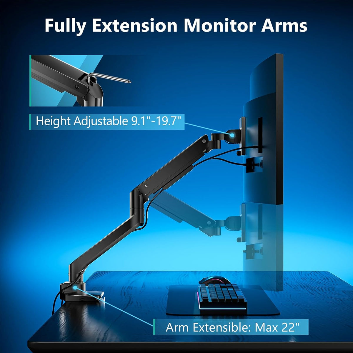 WALI Single Monitor Gas Spring Desk Mount, Heavy Duty Monitor Arm for Ultrawide Screen up to 49 inch, 44 lbs with USB. Fully Adjustable, Mounting Holes 75 and 100 (GSMU001XL), Black