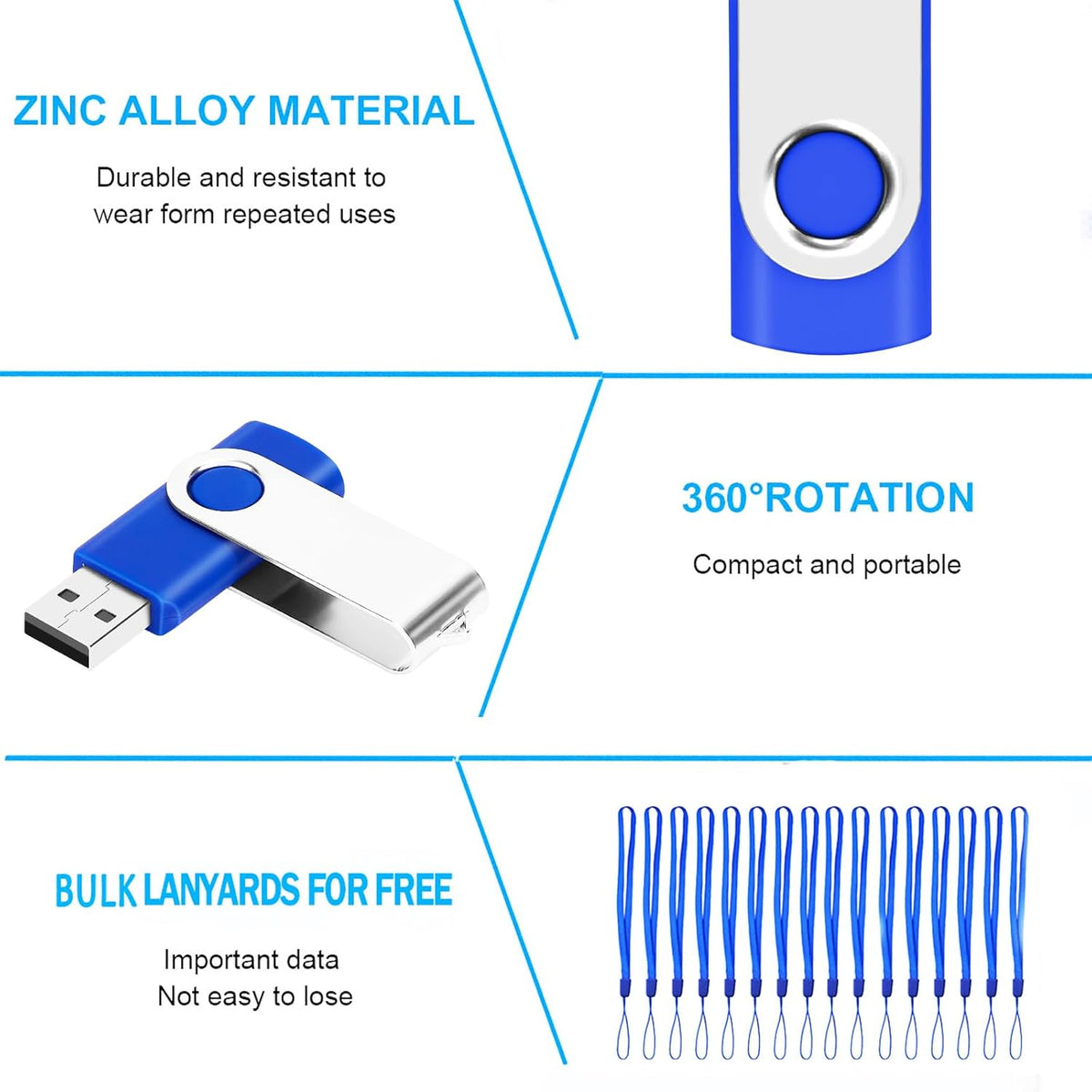 USB 1GB Bulk Flash Drives 20 Pack, EASTBULL USB 2.0 Swivel Thumb Drives Gig Flash Drives Pack Metal Memory Stick for Storage (Blue)