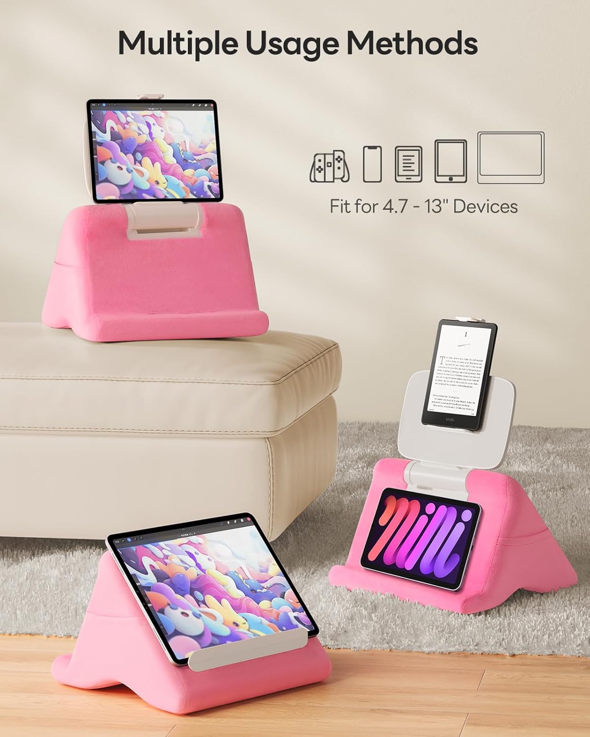 SAIJI Tablet Kindle Stand Pillow - iPad Holder for Lap Reading in Bed, with Lifter & Angle Adjustable Multi-Function Clip for 4-13" Tablets, iPad, Kindle, Phone, Pink
