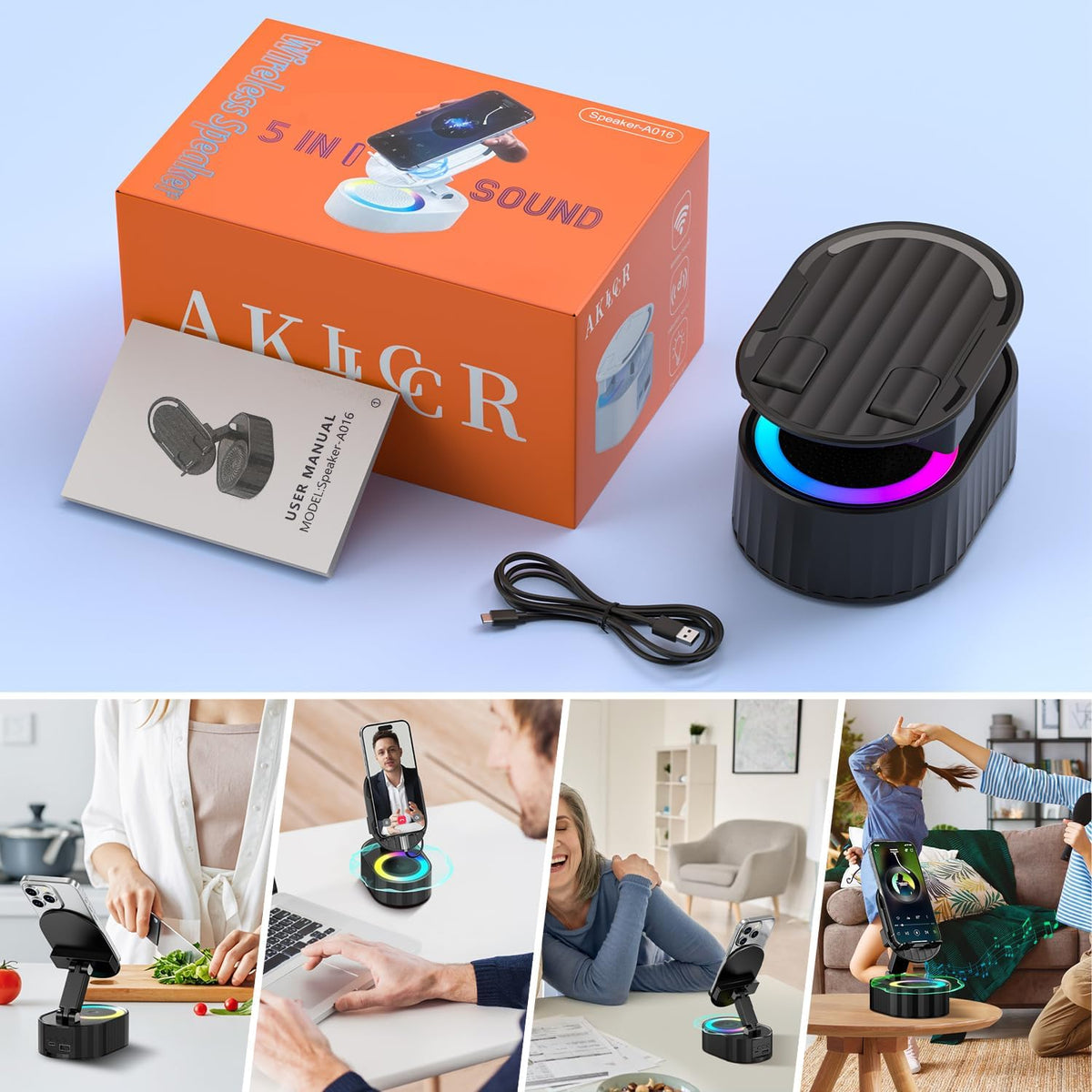 AKLLCCR 5in1 (3000mAh) 300 Wireless Induction Audio Bluetooth Speaker Phone Holder Emergency Rechargeable with Colorful