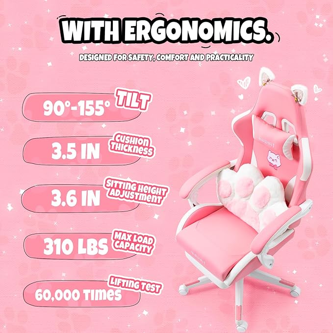 Pink Cat Gaming Chair with Footrest Ergonomic Cute Gamer Chair with Cat Ears Comfortable Desk Computer Chair for Girls Adults