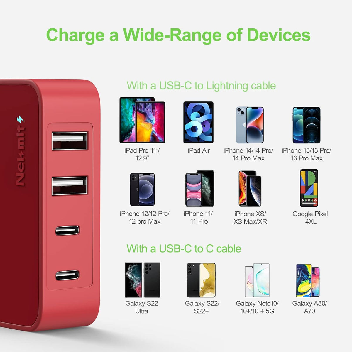 Nekmit USB C Charger, Thin Flat 52W 4-Port Fast Wall Charger with Two 20W Power Delivery and 2 USB Port for iPhone 13/13 Mini/13 Pro/13 Pro Max, Galaxy, Pixel, iPad Pro, AirPods Pro and More, Upgraded