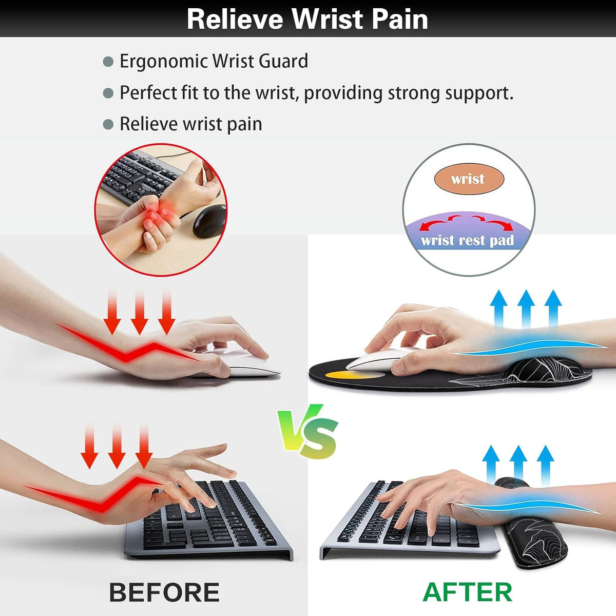 Ergonomic Keyboard Wrist Rest, Mouse Pad with Wrist Rest Black, Gaming Mousepad with Wrist Support, Memory Foam Wrist Rest Set for Computer Keyboard, Funny Cute Office Desk Accessories