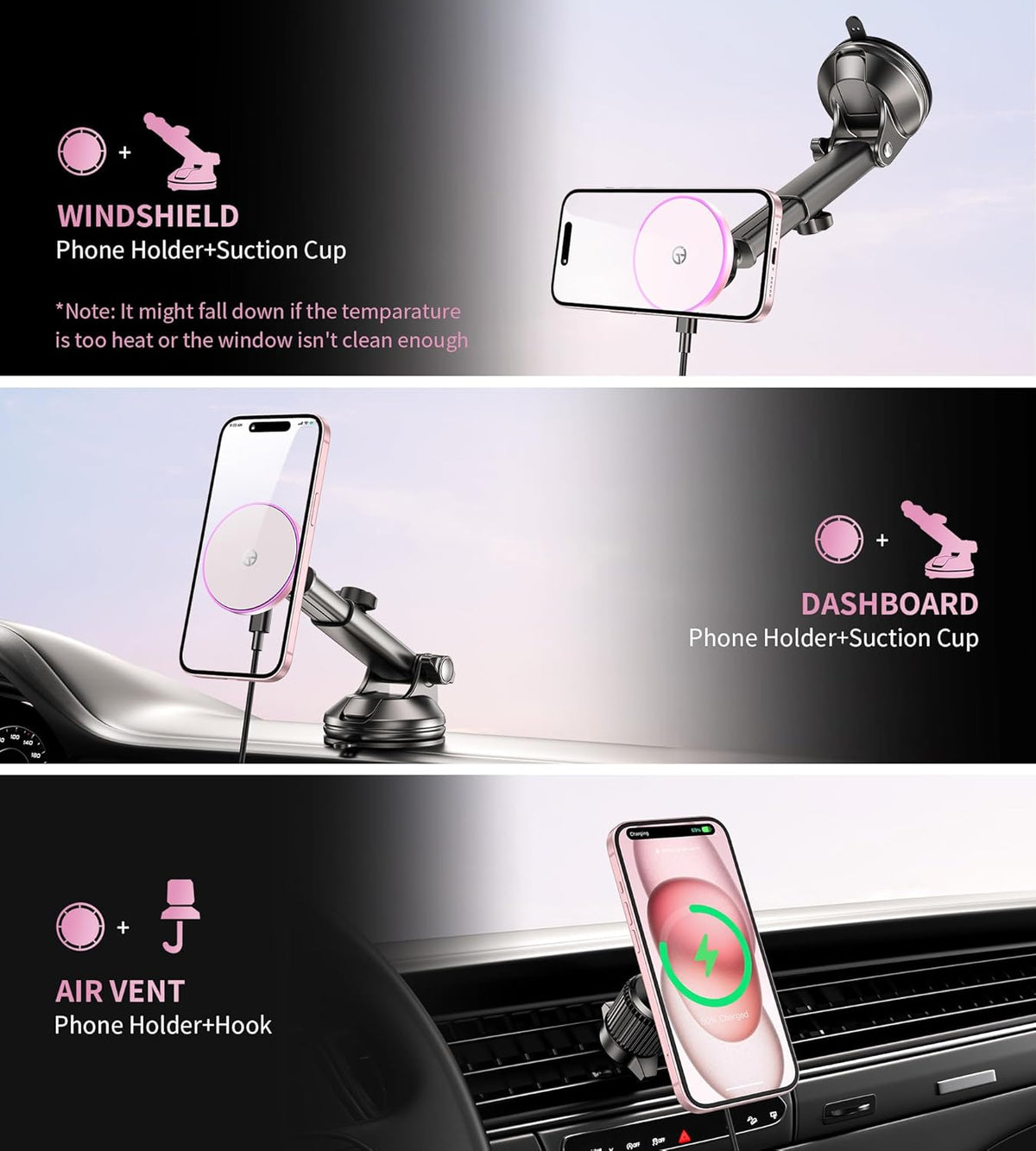 for MagSafe Car Mount Charger Dash/Windshield/Vent Wireless Car Charger with [LED Light], Strong Magnetic Phone Holder for Car for iPhone 16 15 14 13 12 Series, Fit MagSafe Accessories (Pink)