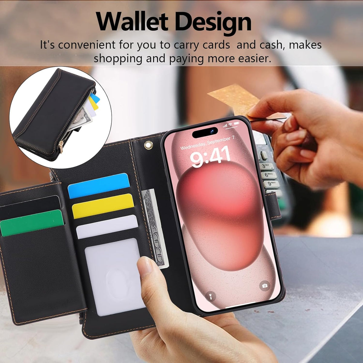 Compatible with iPhone 15 Pro Wallet Phone Case-PU Leather Magnetic Flip Cover with Credit Card Slots,Zipper Pocket & Detachable Wrist Strap,Shockproof Design,for Women and Men-Black