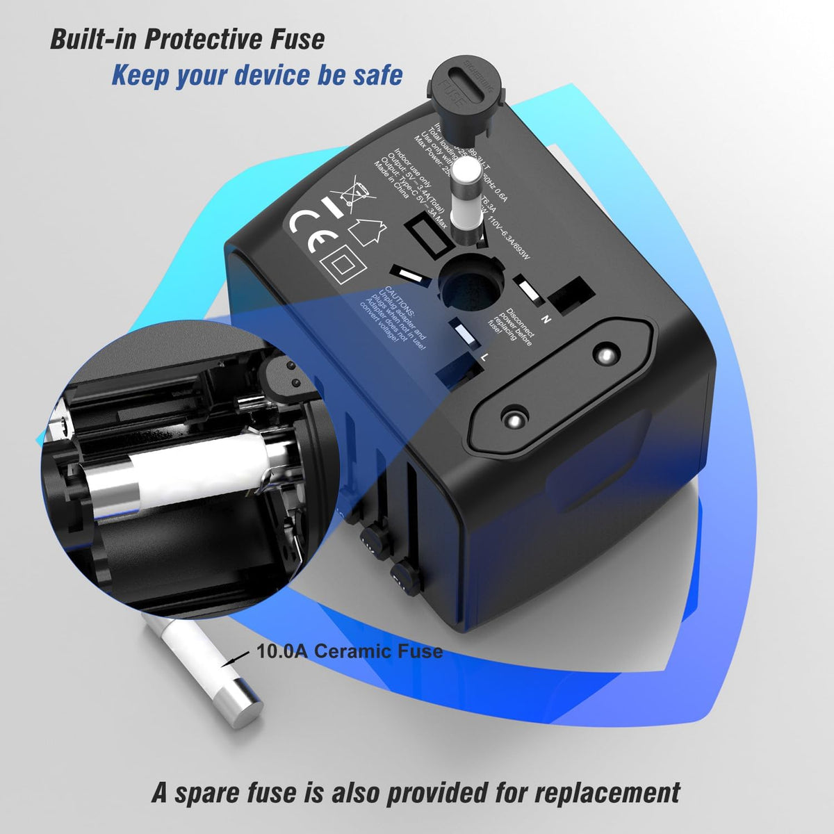 Universal International Travel Power Adapter W/High Speed 2.4A USB, 3.0A Type-C Wall Charger, European Adapter, Worldwide AC Outlet Plugs Adapters for Europe, UK, US, AU, Asia-Black