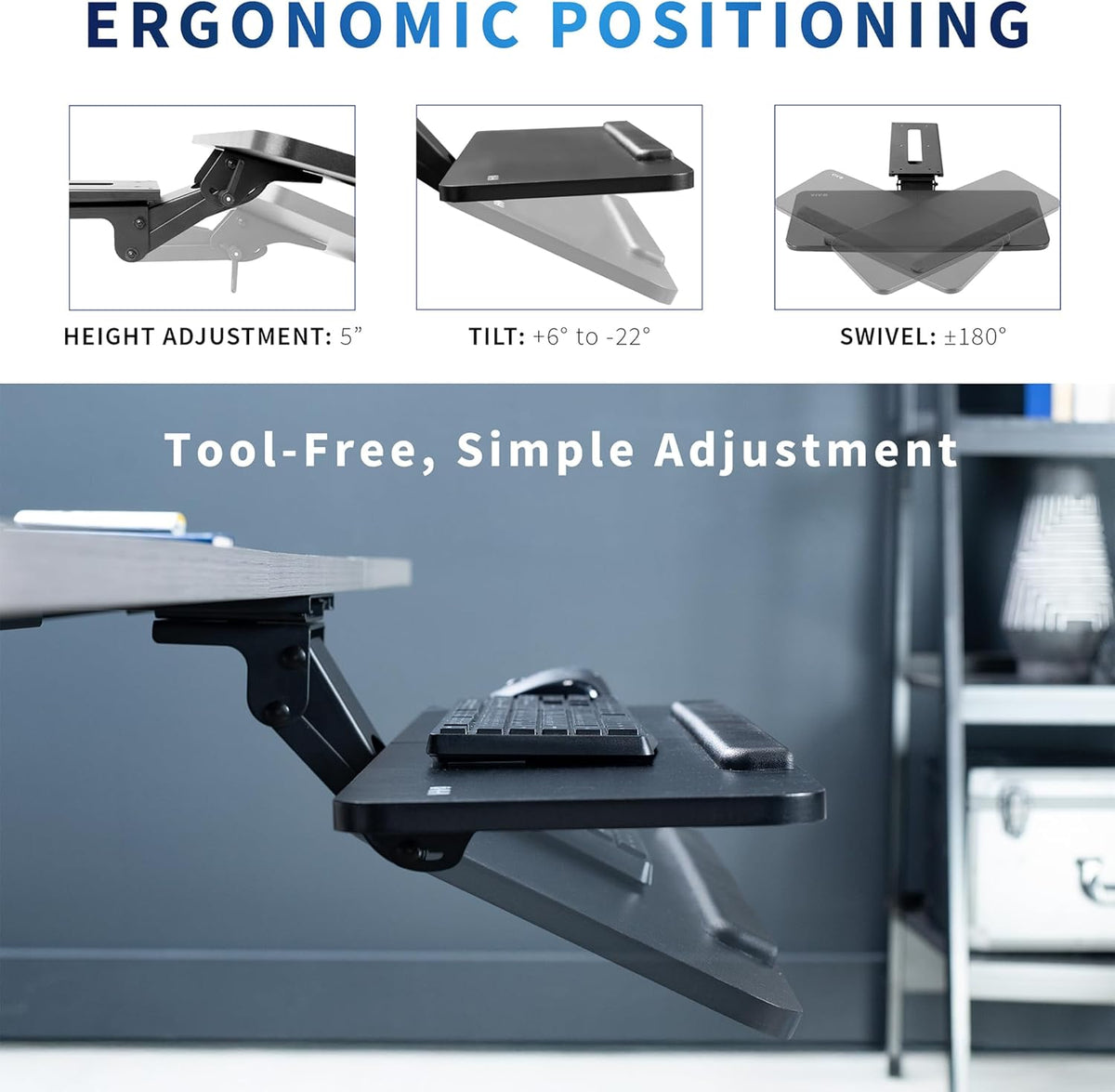 VIVO Adjustable Computer Keyboard and Mouse Platform Tray, 34 x 10 inch Ergonomic Under Table Desk Mount Drawer Underdesk Shelf, Black, MOUNT-KB36B