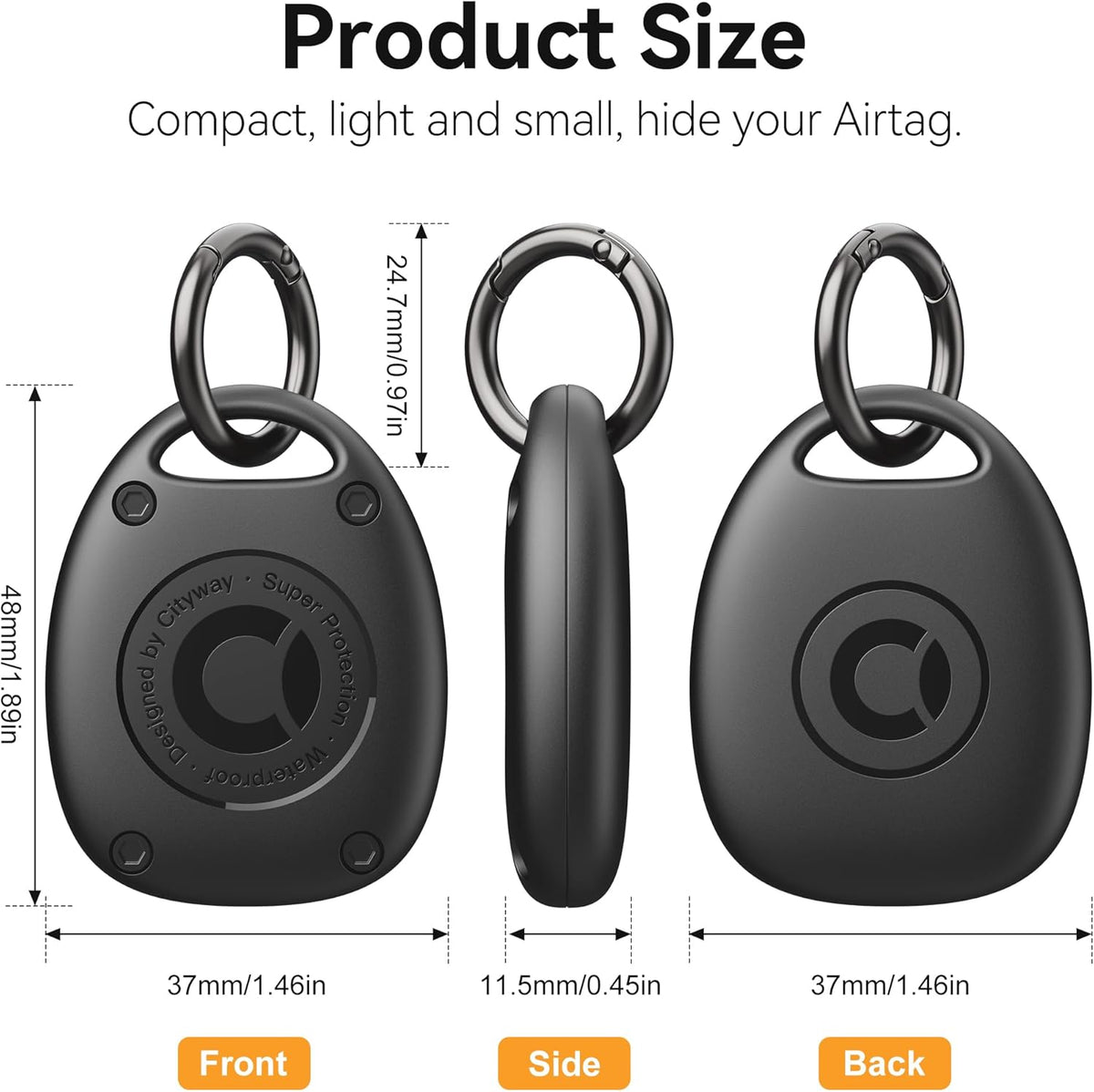 (4 Pack) AirTag Keychain Holder Case, IPX8 Waterproof Portable Cover for Dog Collar, Backpack, Keys - Black