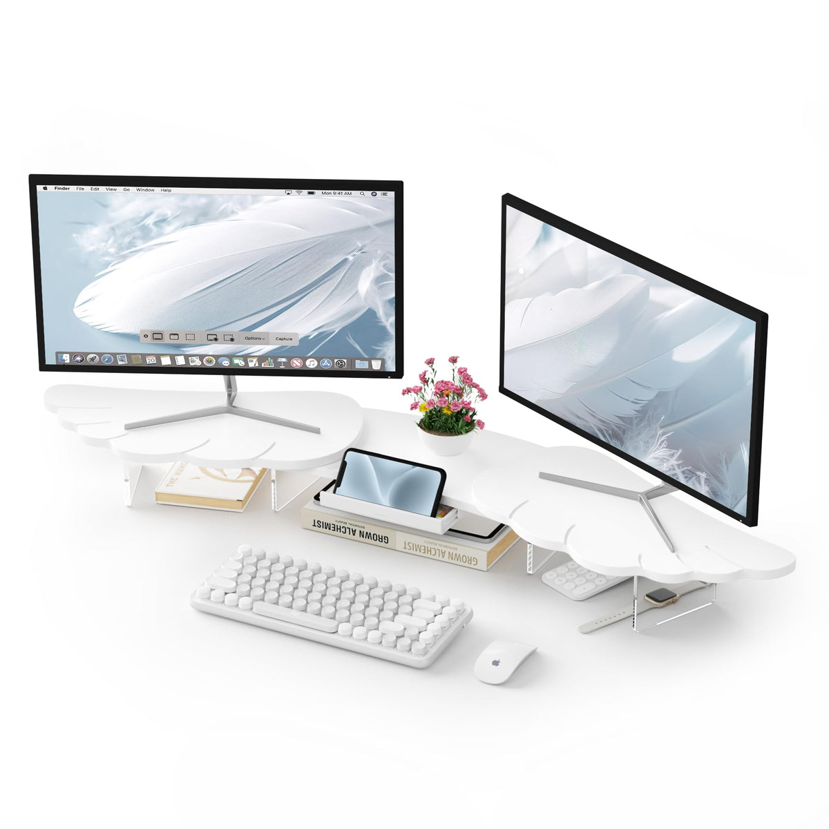 AFOOYO Dual Monitor Stand Riser, Wing-Shaped Sturdy Desktop Wood Stand for 2 Monitors, White Riser for Laptop, PC, Computer