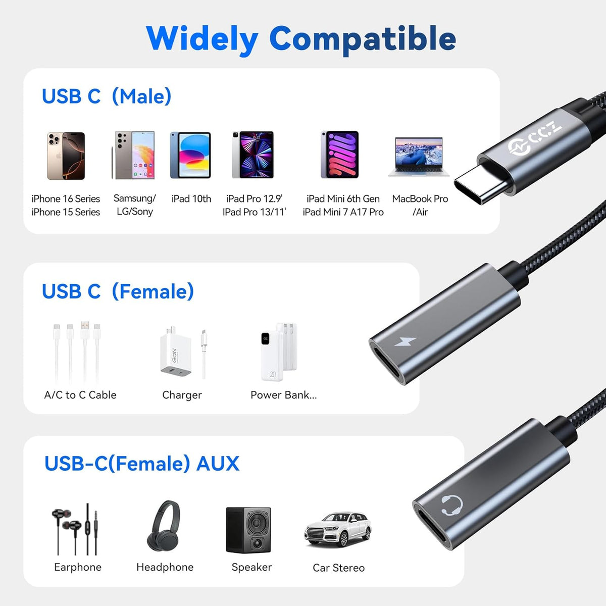 2PCS USB C Headphone Splitter,CCZ CA01 USB C to Type C Headphone Jack and Charger Adapter, 1 in 2 out Dongle Hi-Res DAC Audio Cable with PD 60W Fast Charging for Samsung Galaxy S25 S24 S23 (USBC-USBC)