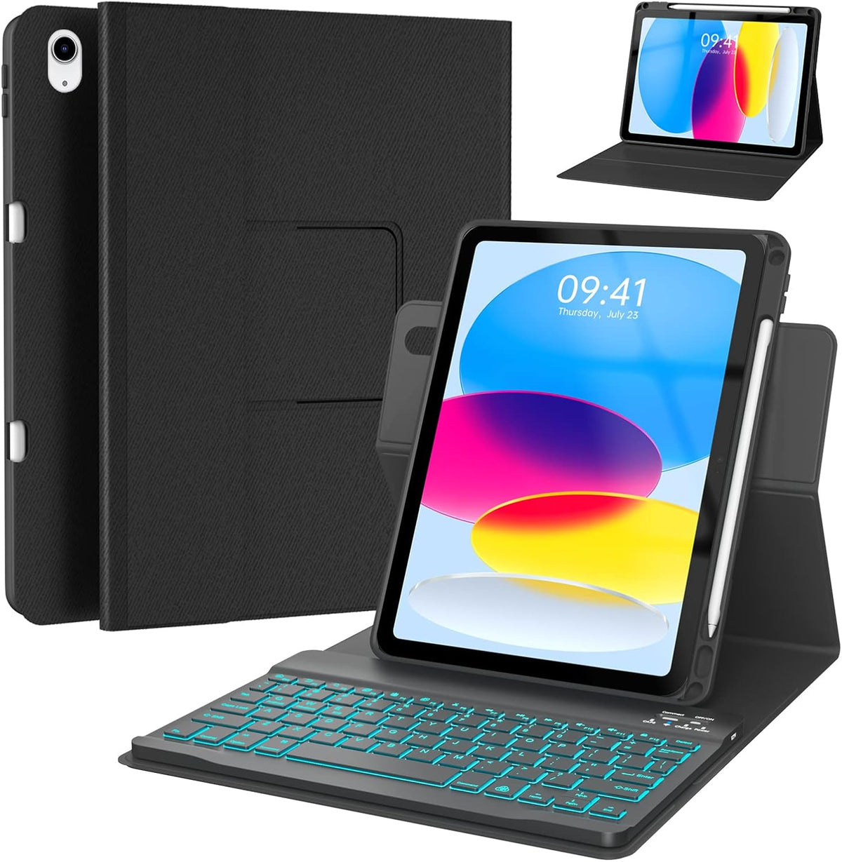 BLUTLOTUS Keyboard Case for iPad 10th Generation 2022 10.9 inch,360° Rotatable Keyboard Case with Pencil Holder, 7 Color Backlit Detachable Bluetooth Keyboard,Smart Folio Tablet Cover (Black)