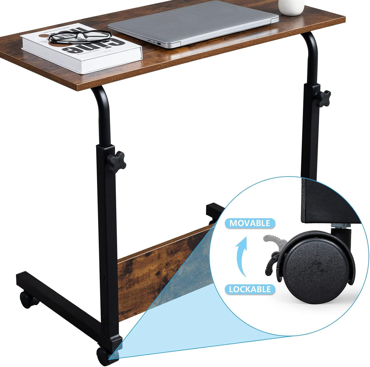 31.49 15.74 27.16-37.79 Mobile Side Table, Mobile Laptop Desk Cart, Adjustable Over Bed Table with Wheels for Sofa