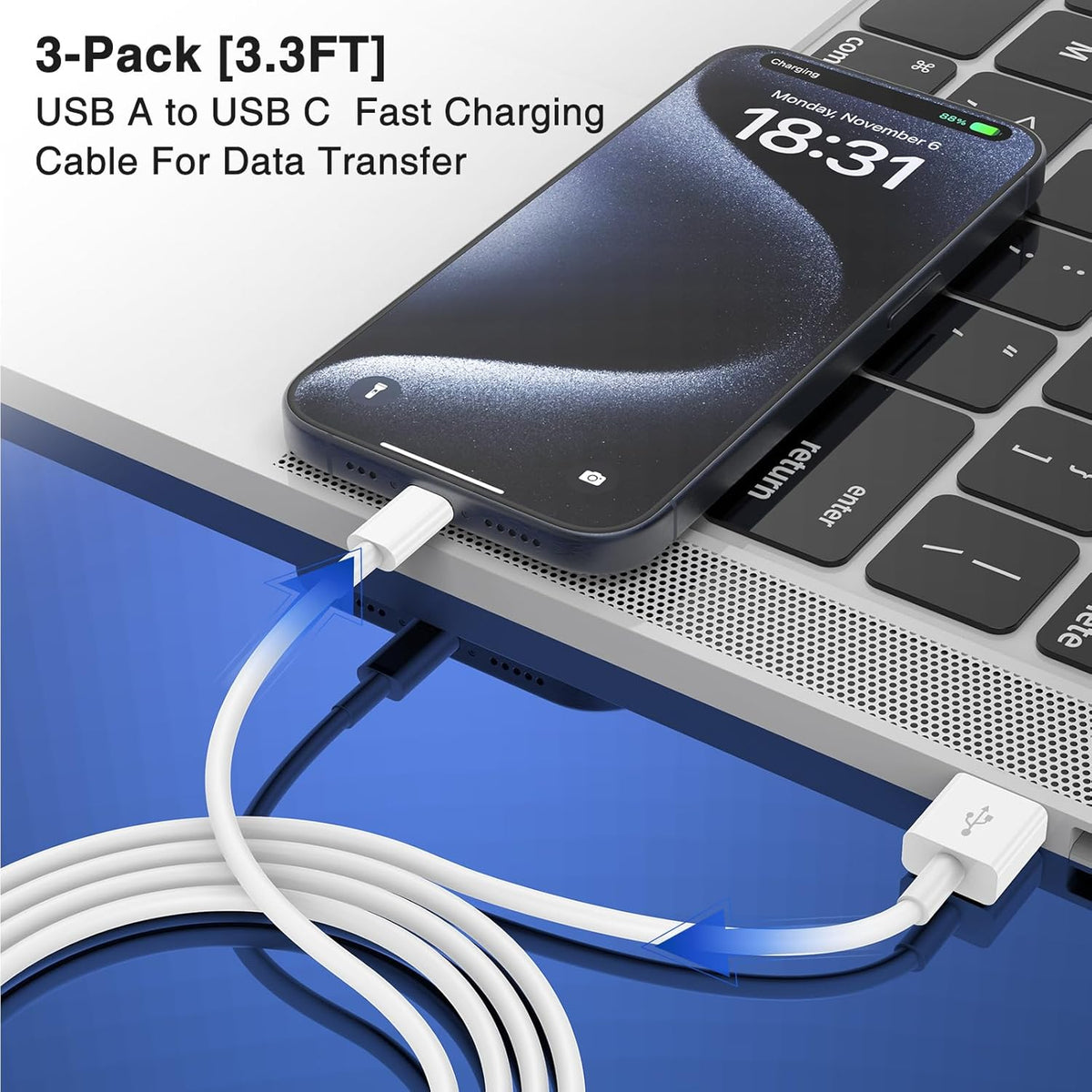 Car Carplay Cable USB to USB C Cable for iPhone 16 15 Pro Plus Pro Max，3-Pack 3.3FT USB A to USB C Cable for iPad Pro/Air/Mini，for Samsung S24/S23/S22/S21，for MacBook Pro/Air and More