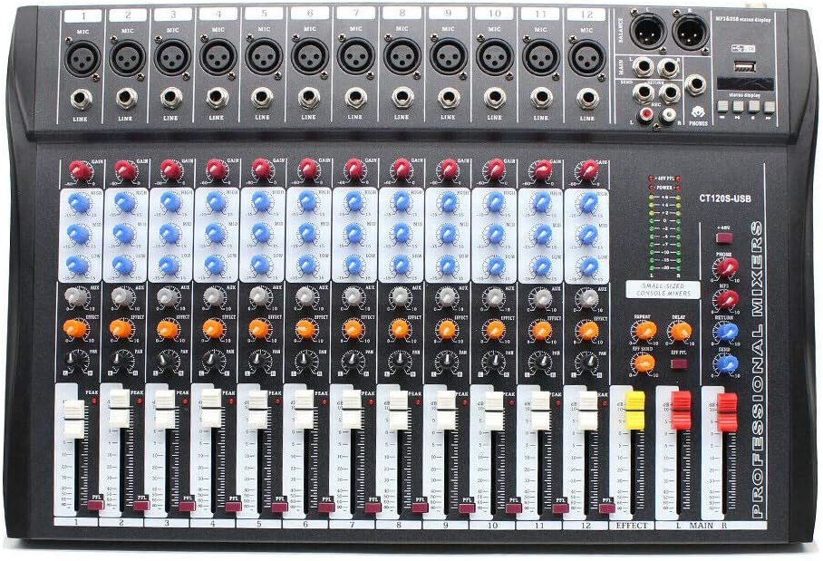 12 Channel Audio Mixer, DJ Soundboard Sound Mixer Console with Xlr, Line Inputs & 48V Phantom Power, Studio Audio Mixer KTV Sound Mixing Console for Professional and Beginners (12-Channel)
