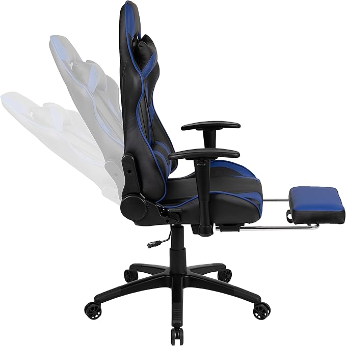 BizChair Black Gaming Desk with Cup Holder/Headphone Hook and Monitor/Smartphone Stand &amp Blue Reclining Gaming Chair with Footrest