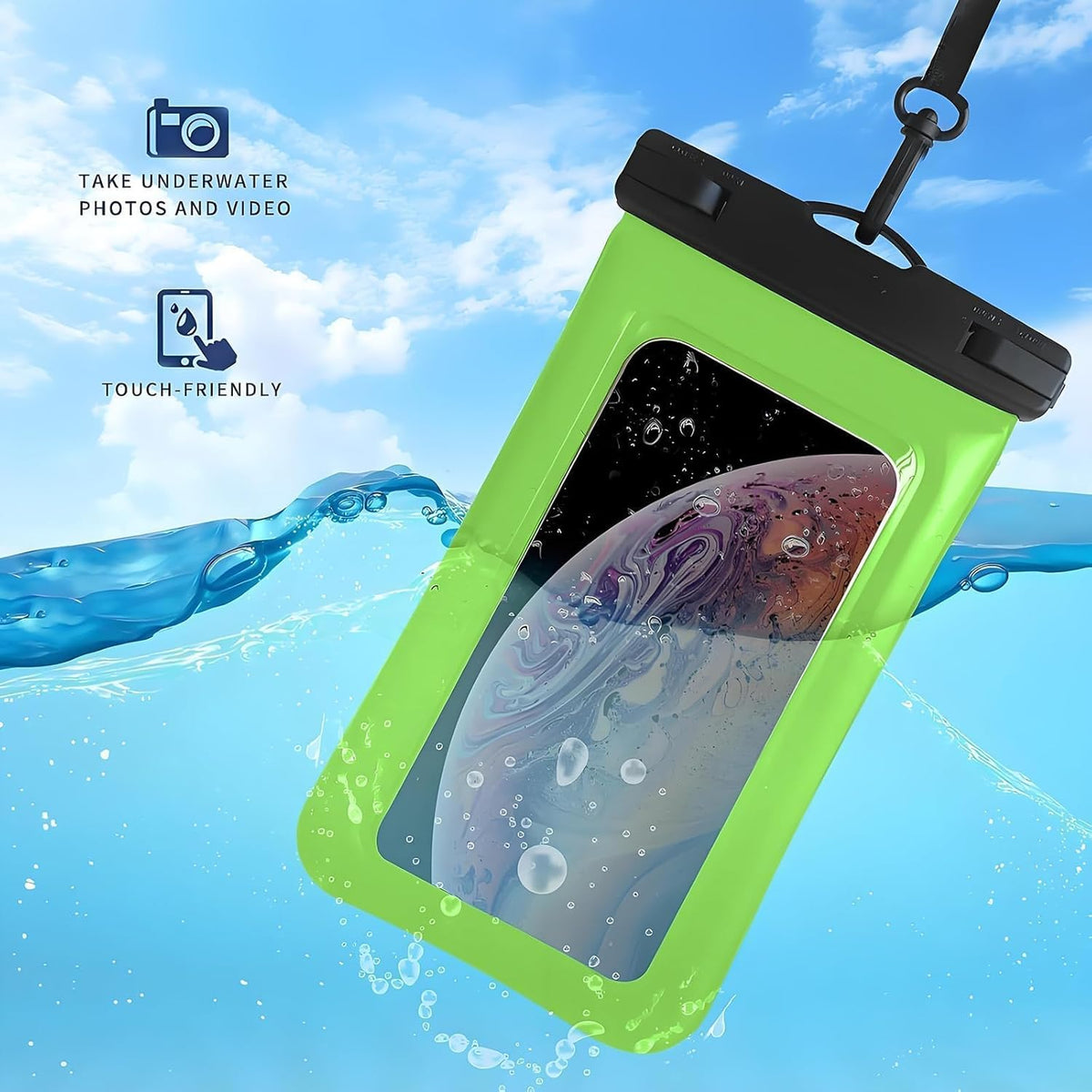 Floatable Soap Bubble Waterproof Phone Pouch/Case with Crossbody Lanyard for iPhone 16 Pro Max/15 Pro/14/13/12, IP68 Cellphone Dry Bag Beach Cruise Ship Essentials, 1 Pack-Light Green-7″