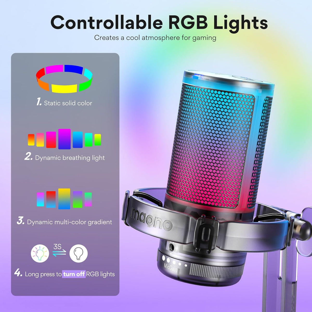 MAONO Gaming USB Microphone for PC with Noise Cancellation, Computer RGB Condenser Mic for Streaming Discord Twitch YouTube Podcast Online Chat PS4 PS5, GamerWave DGM20