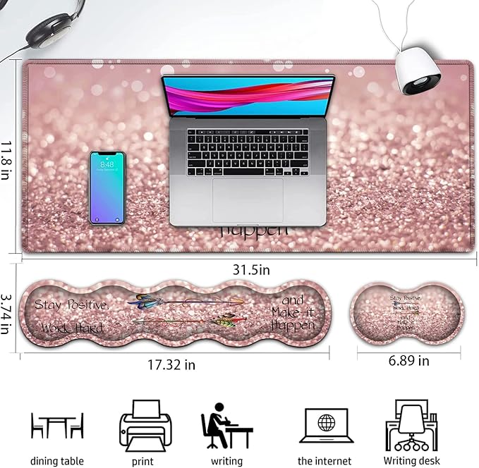 Large Gaming Mouse PadExtended Office Desk MatWaterproof Desk Writing Pad for Home Ergonomic Mouse &ampKeyboard Wrist RestWork Hard Inspirational Quotes Laptop Desk Pad Pink Mousepad Wrist Support