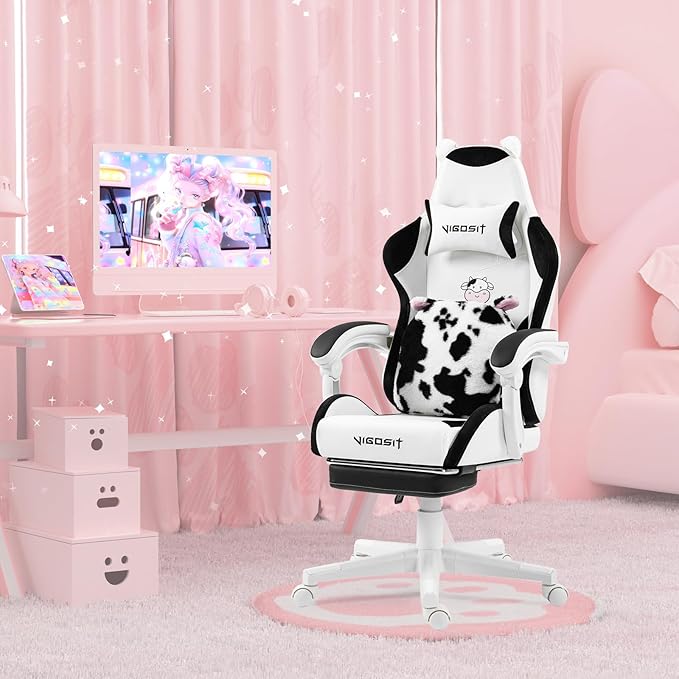Gaming Chair Cute with Cat Ears Paw Lumbar and CushionErgonomic Computer Chair with FootrestReclining PC Game Chair for Girl Computer Chair 300lbs for Adult (Black&ampWhite)