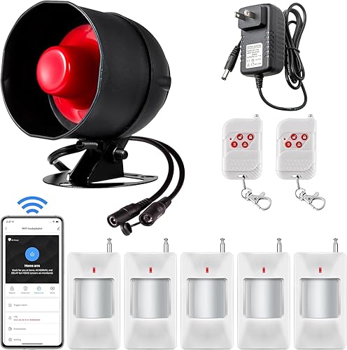 WiFi Alarm Home Security System, 120dB Alarm System with Motion Sensor and Remote Control, WiFi Siren for Shed Garage Alarm