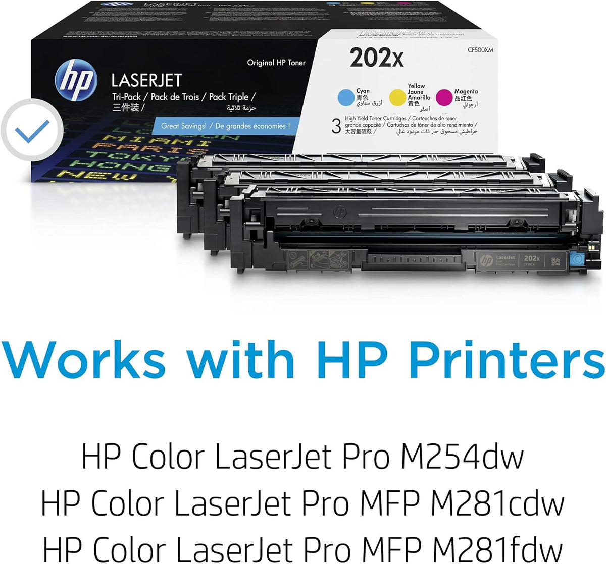 HP 202X Cyan, Magenta, Yellow High-yield Toner Cartridges (3-pack) | Works with HP Color LaserJet Pro M254, HP Color LaserJet Pro MFP M281 Series | CF500XM