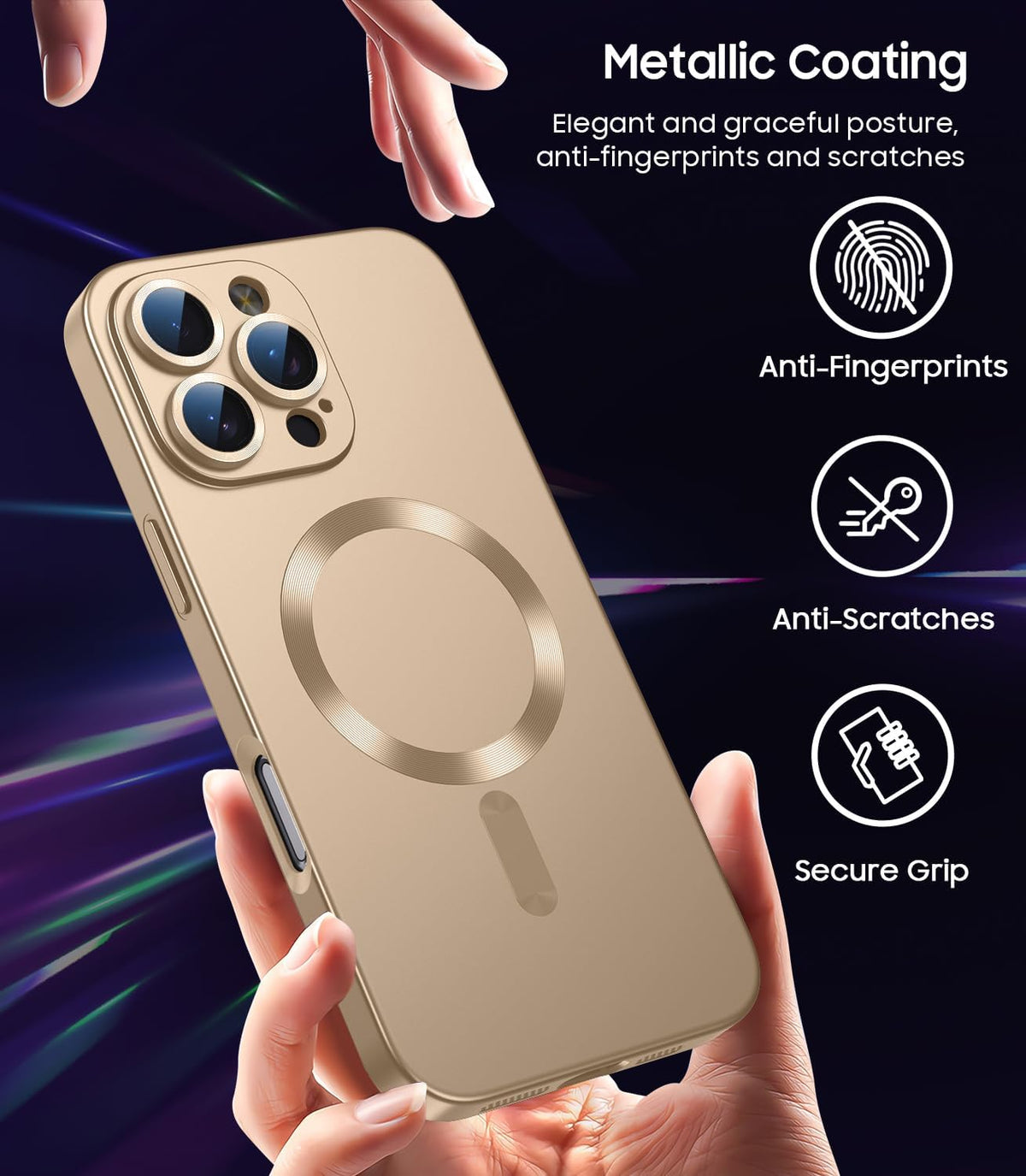 Magnetic for iPhone 16 Pro Max Case [Compatible with MagSafe][Built-in Camera Lens Protector] Slim Soft Silicone Bumper Shockproof Metallic Luster Phone Case (Gold)