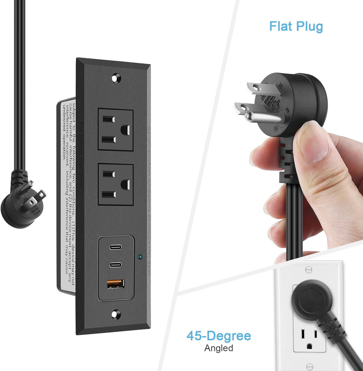 CCCEI 45W 6 45 Recessed Power Strip with USB-C Ports, Fast Charging USB A Port Desk Outlet, Black Furniture Hidden