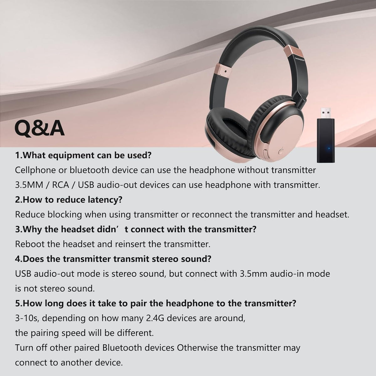 Bluetooth Wireless Over Ear Light Weight Headphone with Low Latency USB Transmitter for TV,PC,3.5mm Audio Device, Stereo Wireless Headset Built-in Microphone for Cell Phone (Rose Gold)