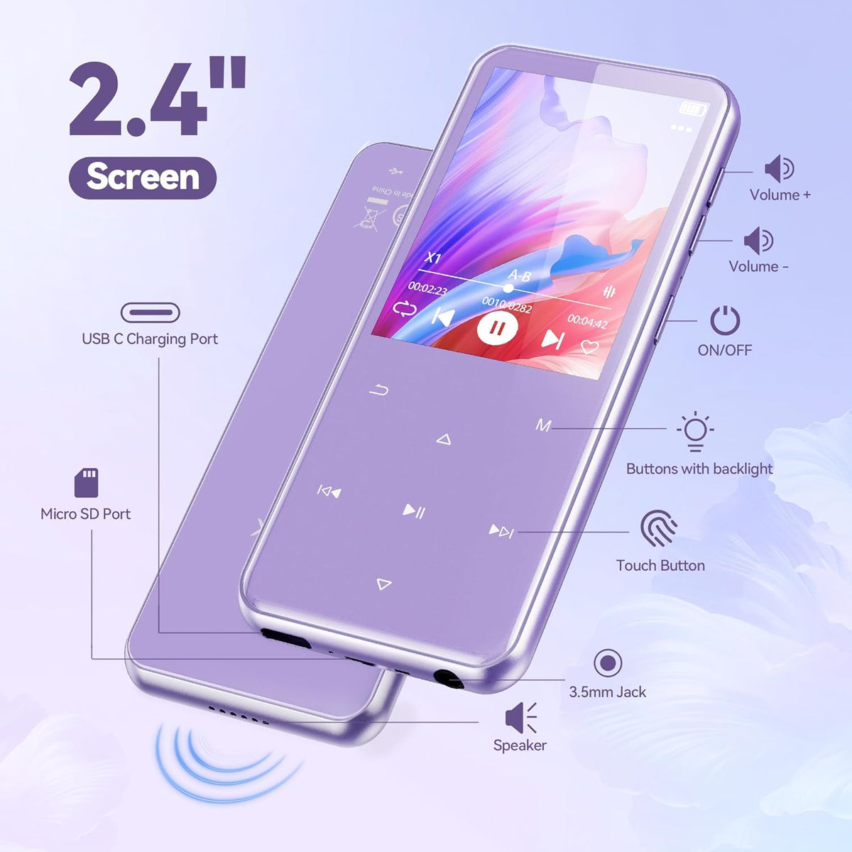 AGPTEK 64GB MP3 M3 2.4 inch 128GB(Purple) Player with Bluetooth, Music Player with Speaker and FM Radio, Touch Buttons