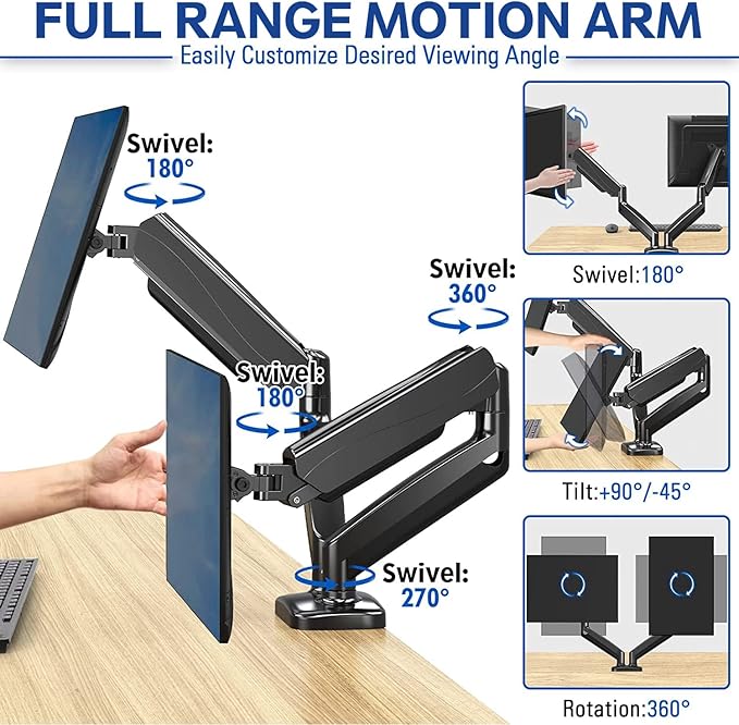 Dual Spring LCD Monitor Arms with USB and Multimedia Ports for: LG 27GP850-B Ultragear Gaming Monitor 27” QHD (2560 x 1440) Nano IPS Display 1ms Response Tim 165Hz Refresh Rate