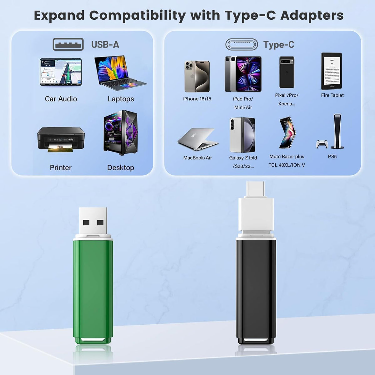 ABLAZE 8GB 2.0 5 Pack 8GB USB Flash Drives with Type C Adaters, Thumb Drives USB Sticks Memory Sticks Pendrives