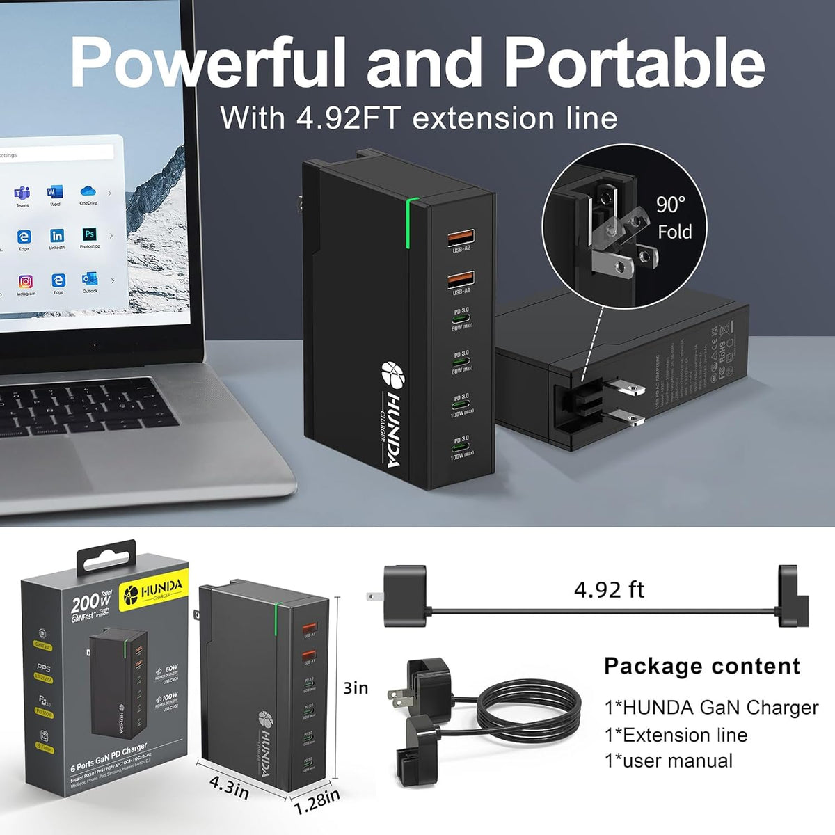 HUNDA 200W USB C Charger GaN Charging Station 6 Ports Fast PD 100W Type C MacBook Charger Desktop Adapter Support PD3.0 /PPS 45W /QC5 for MacBook Pro/Air, iPhone 15/14, Galaxy s24/s23,HP,Dell etc