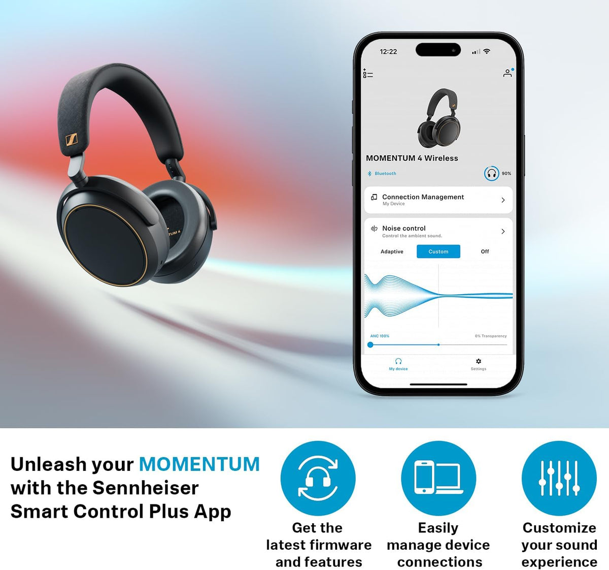 Sennheiser Consumer Audio Momentum 4 Wireless Headphones - Bluetooth Headset for Crystal-Clear Calls with Adaptive Noise Cancellation, 60h Battery Life, Lightweight Folding Design - Black/Copper