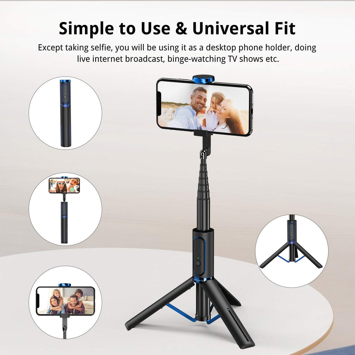 ATUMTEK Selfie Stick Tripod, Extendable 3 in 1 Aluminum Bluetooth Selfie Stick with Wireless Remote and Tripod Stand for iPhone 15/14/13/12/11/11 Pro/XS Max/XS/XR/X/8/7, Samsung Smartphones, Blue