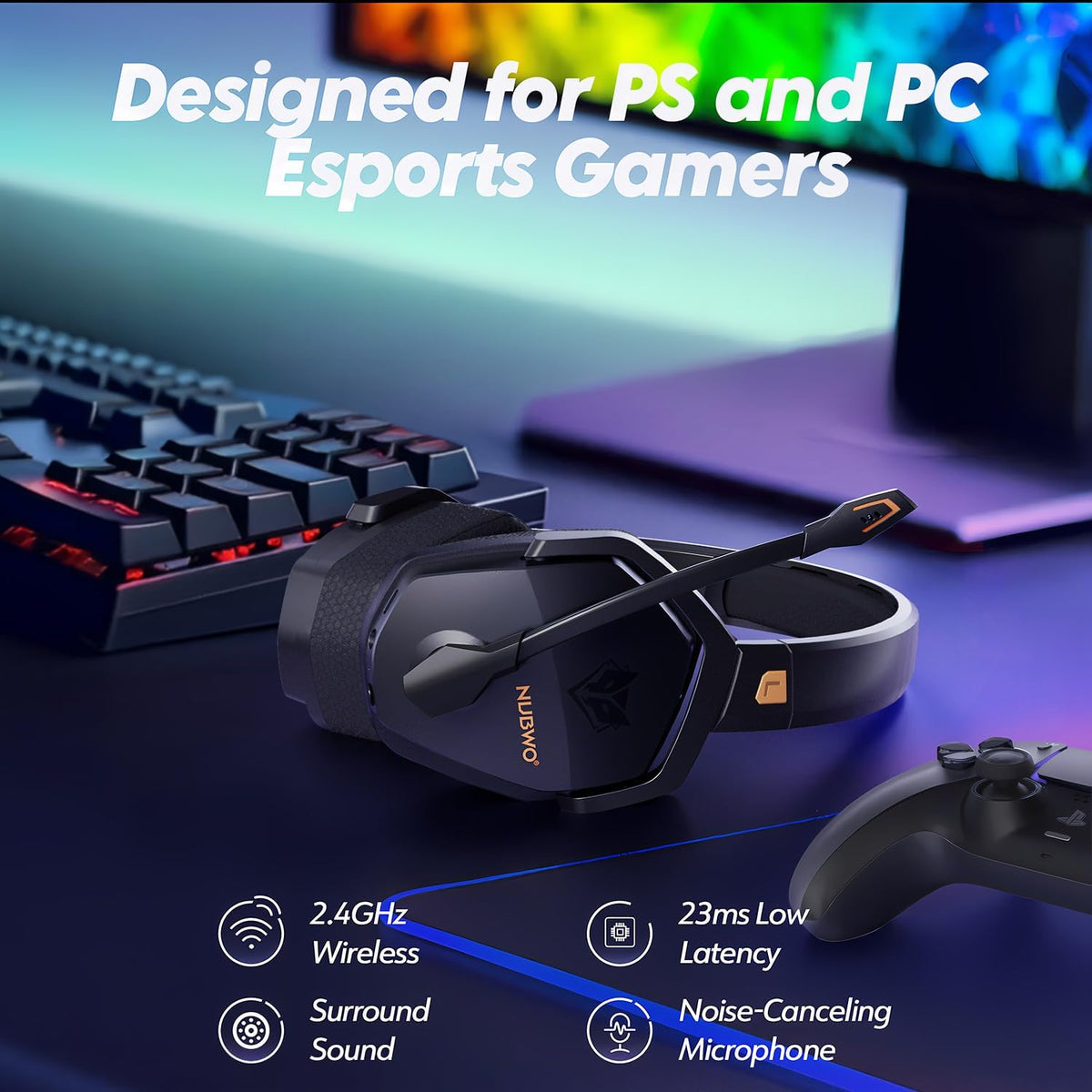 NUBWO G06 Dual Wireless Gaming Headset with Microphone for PS5, PS4, PC - 23ms Low Latency Audio - 100-Hour of Playtime - 50mm Drivers (Black-Orange)