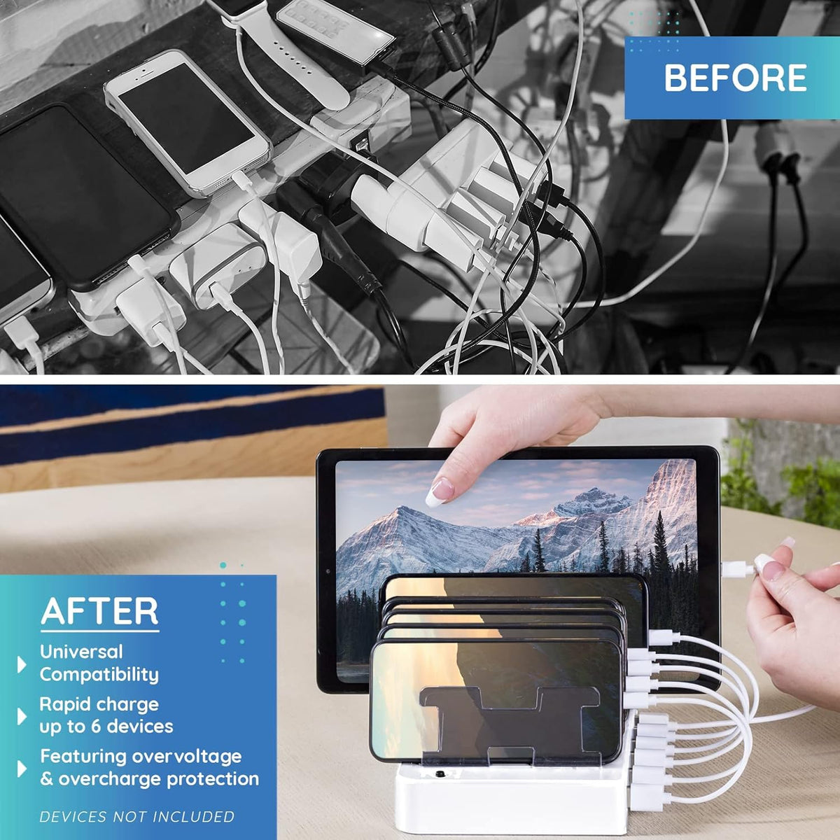 Charging Station for Multiple Devices – 6-Port USB Charging Dock for Apple & Android – Fast Multi-Charger Organizer for Phones, Tablets & More – Universal Desktop Charging Hub with Smart IC Tech