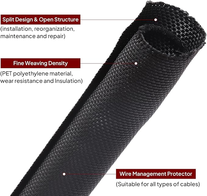BuyUneed Black Split Braided Cable Management Sleeves 3/4inch -20Feet