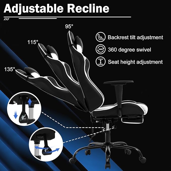 Gaming Chair with Massage &amp Footrest - Ergonomic Racing Office Chair for Adults Women Gamers - Adjustable Reclining PC Gaming and Home Office Desk Chair with Lumbar Support White