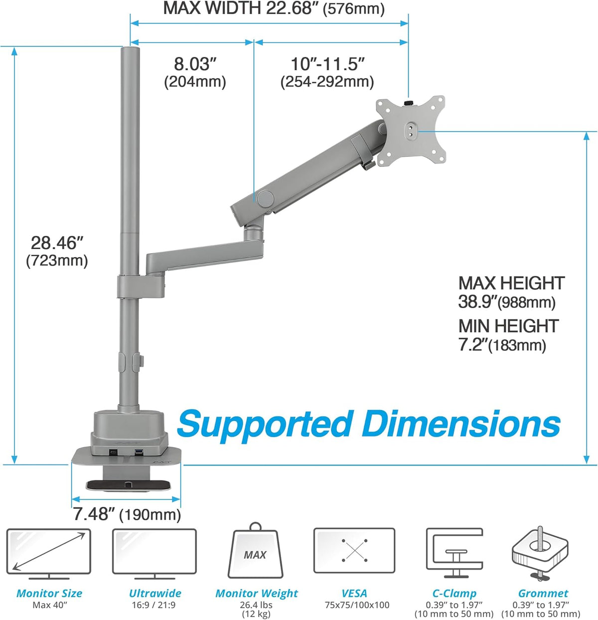AVLT Single 40 Inch Monitor Arm Pole Top Mount with USB-C USB-A Ports-Gray, Supports 26.4 lbs (12kg), Ultrawide Screen fit, VESA Compatible, Tilt, Swivel, Rotate, Ergonomic Adjustable Height, Durable