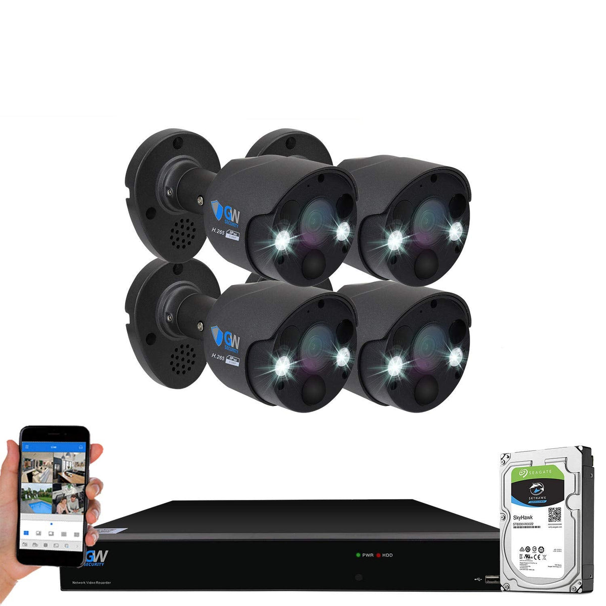 GW Security 2-Way Audio Spotlight 5MP Full-time Color Night Vision PoE Security Camera System, 8 Channel 4K NVR with 4 x 5MP 1920p Face Recognition