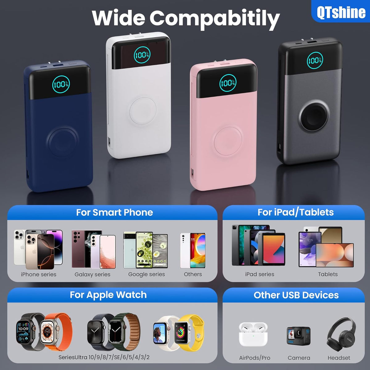 Portable Charger 40800mAh Power Bank with Built-in Cables,Wall Plug and iWatch Charger,6-in-1 QC4.0+25W PD USB C Fast Phone Charging,LCD Display Battery Pack for iPhone 16/15,Apple Watch,Galaxy-White