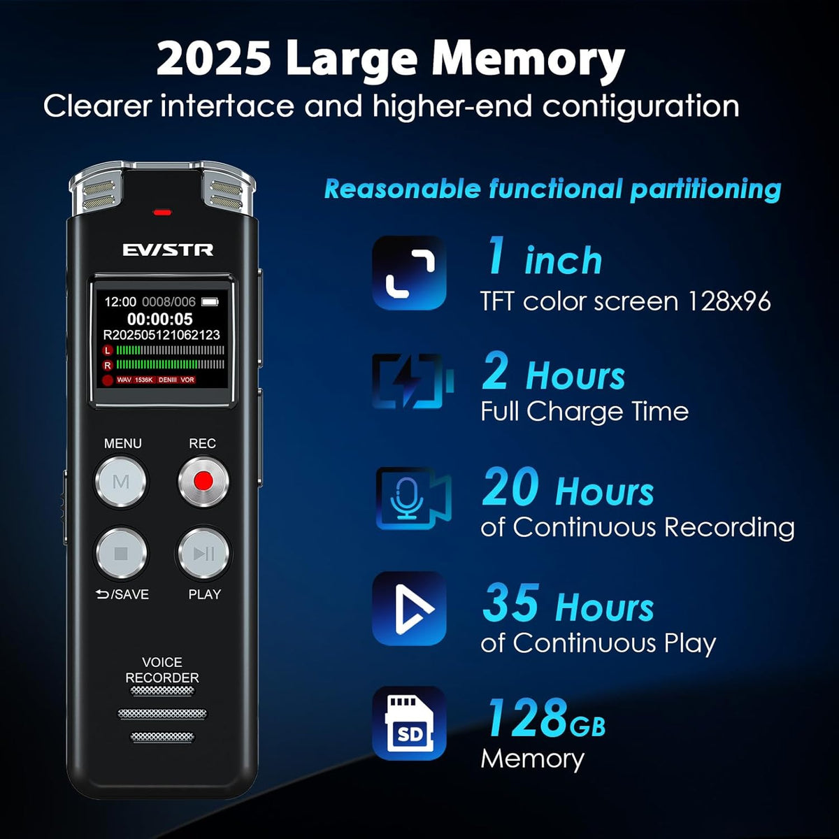 128GB Digital Voice Recorder Voice Activated Recorder with Playback - Upgraded Tape Recorder for Lectures, Meetings, Interviews, Audio Recorder USB Charge, MP3