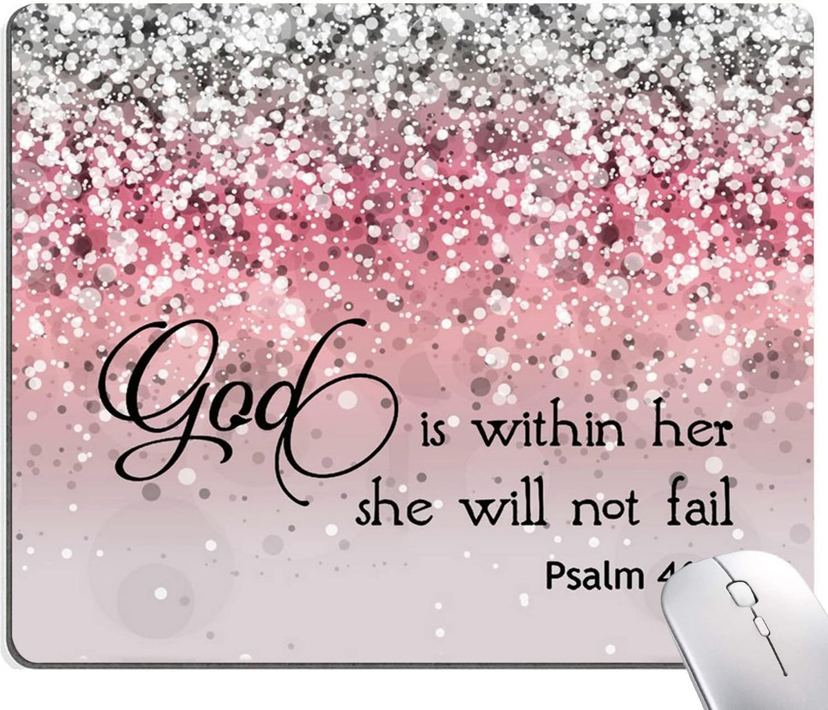 Hokafenle Mouse Pad, Psalm 46:5 God is Within Her, She Will not Fall - Bible Verse Pink Glitter Pattern Mouse Pad for Women, Square Waterproof Non-Slip Rubber Base Mousepad for Office Laptop