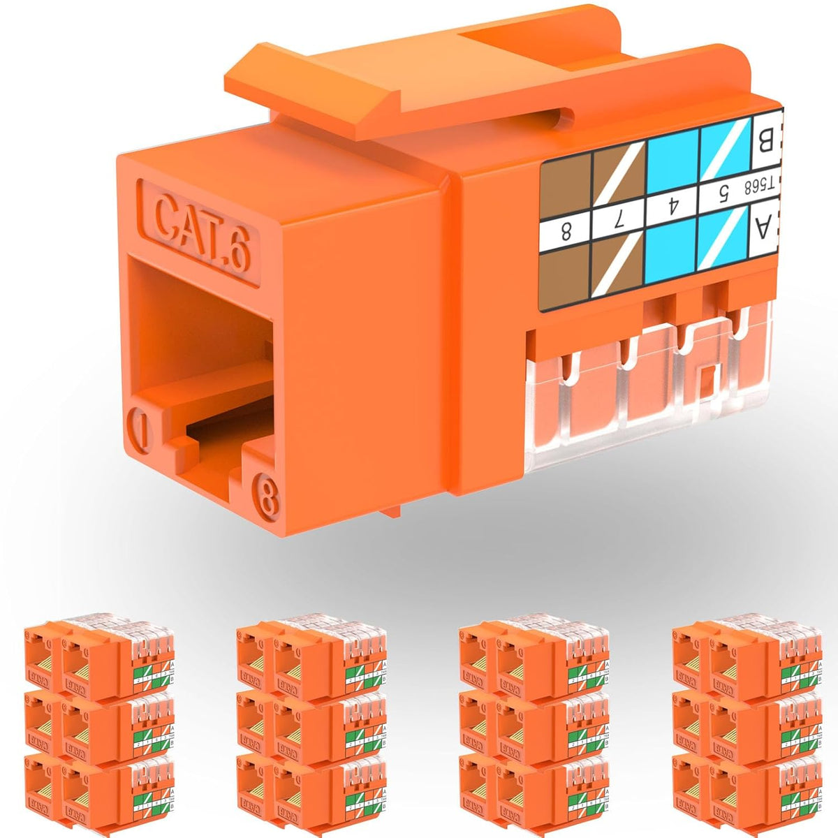 Rapink RJ45 Keystone Jack Cat6 10G Support, Keystone Jacks UTP 25 Pack for Wall Plate and Patch Panel, Rj45 Keystone 90 Degree Orange Color for Cat6, Cat5e, Cat5 Cabling