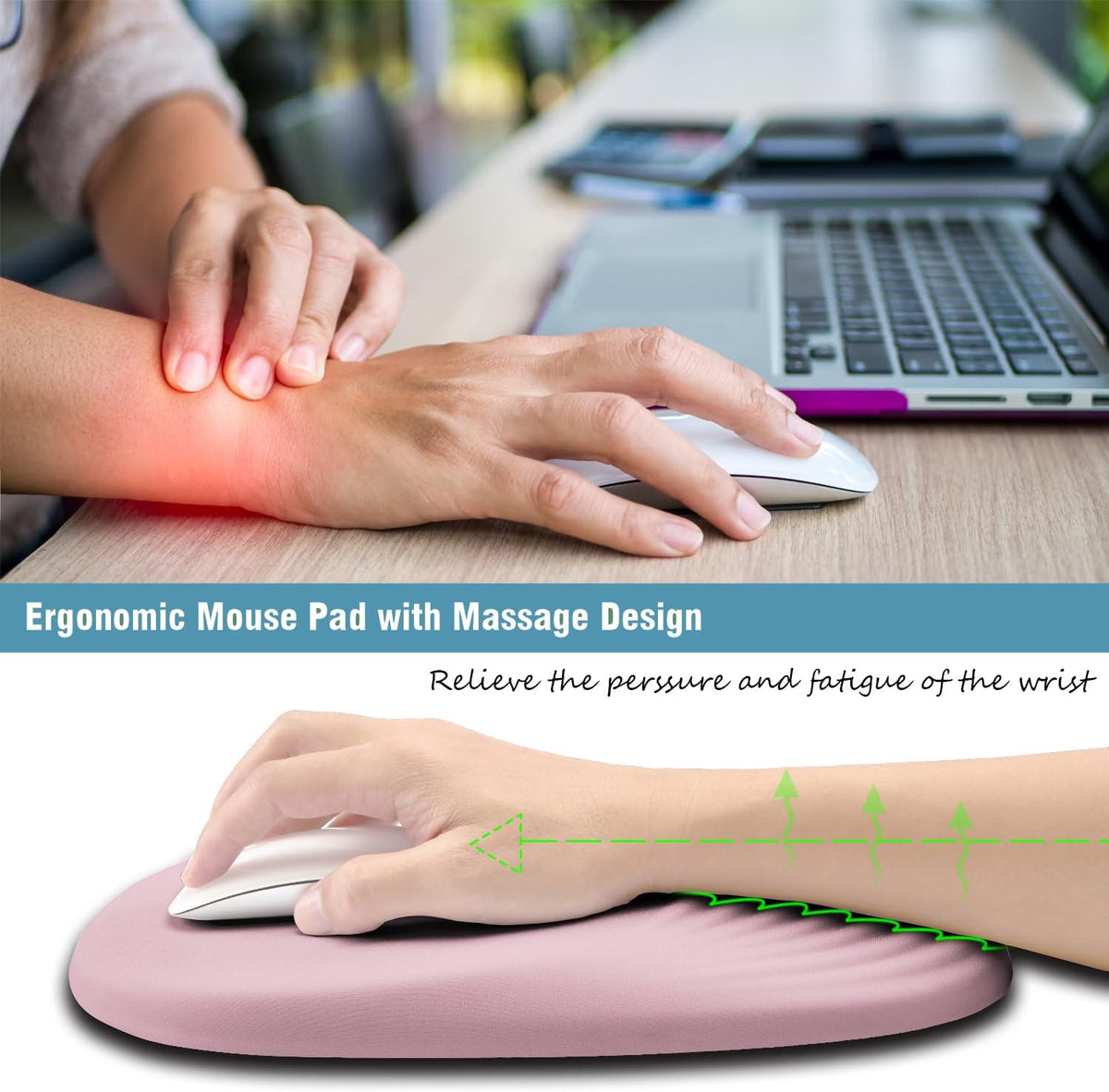Ergonomic Mouse Pad Wrist Rest, Pink Mouse Pads with Wrist Support, Memory Foam Massage Design & Non-Slip PU Base MousePads for Pain Relief, Desk, Office, Home, Women