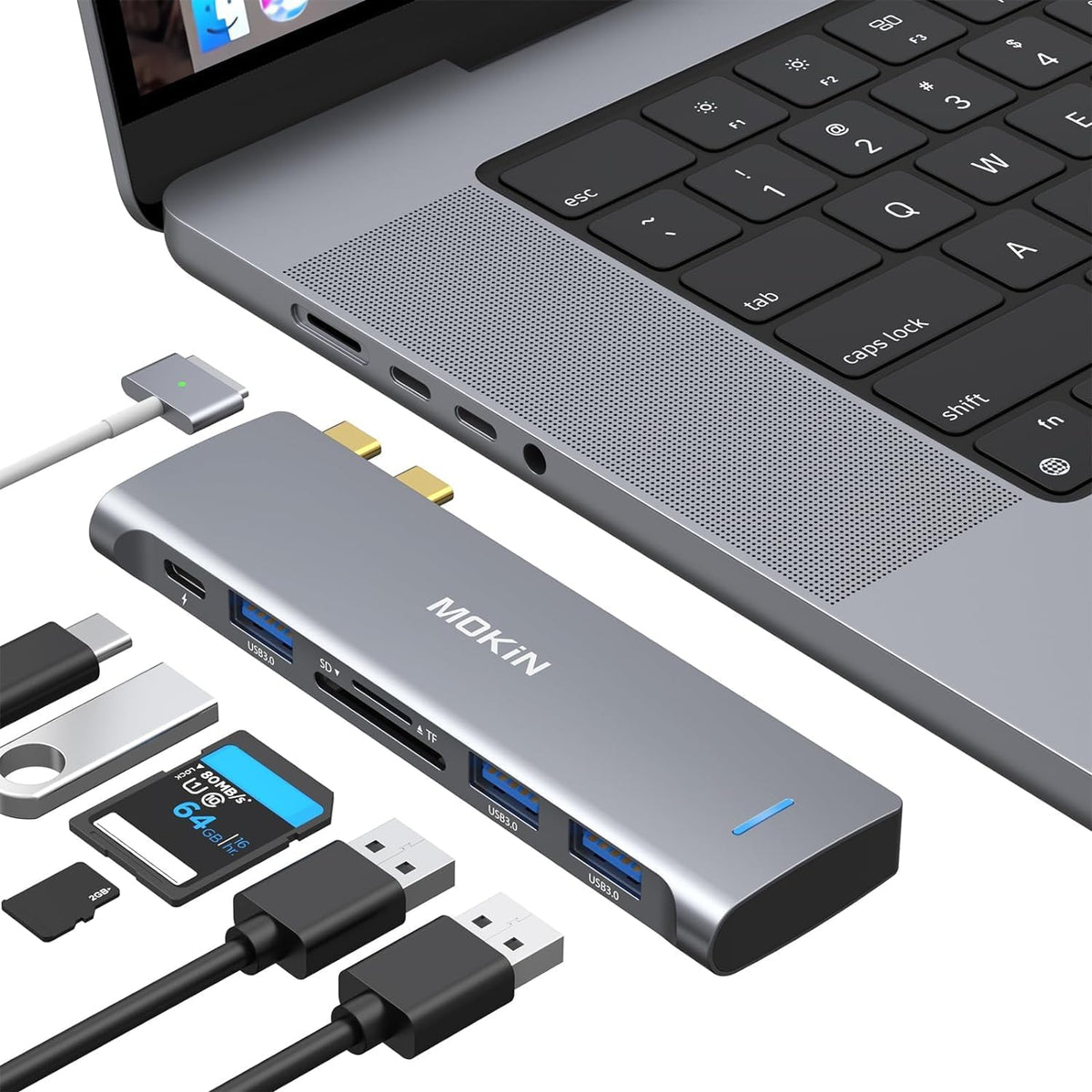 USB C Adapter for MacBook Pro/Air M1 M2 2021 2020 2019 2018,MOKiN Hub MacBook Pro Accessories with 3 USB 3.0 Ports,USB C to SD/TF Card Reader and 100W Thunderbolt 3 PD Port